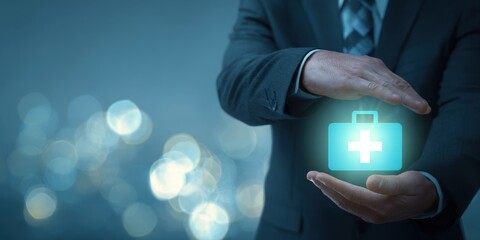 The businessman presenting a glowing health insurance symbol in his hands.