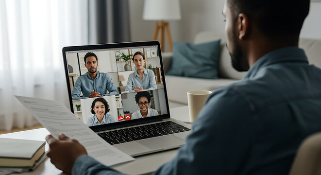 Hands of a businessman typing during a video call with his team.

