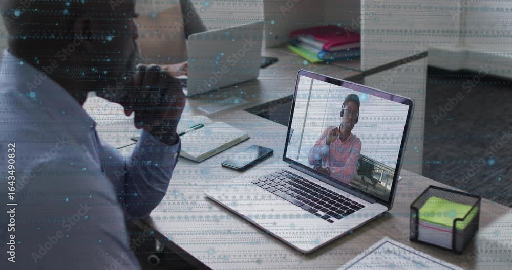 Poster Analyst opening remote meeting and taking notes following manager presentation with glitch effect