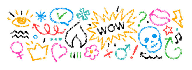 Crayon doodle icons of heart, fire, skull and speech bubble. Color hand drawn chalk symbols, abstract icons of eye, music, flower, flame, check and cross marks with crayon texture, vector illustration
