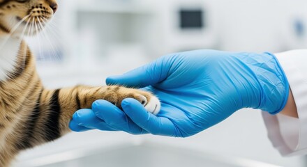 A vet wearing gloves gently holding a cat’s paw during an exam. Symbol of trust, veterinary care, and emotional connection between human and pet