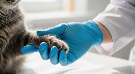 A vet wearing gloves gently holding a cat’s paw during an exam. Symbol of trust, veterinary care, and emotional connection between human and pet