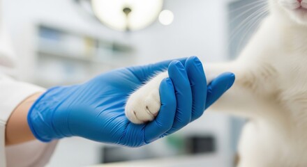 A vet wearing gloves gently holding a cat’s paw during an exam. Symbol of trust, veterinary care, and emotional connection between human and pet