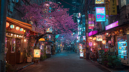 Night japan street cherry blossoms lights cityscape neon signs travel photography urban exploration...