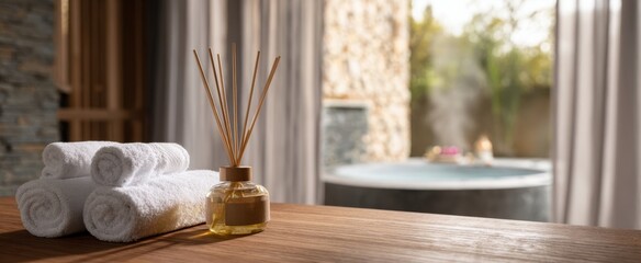 The serene spa setting featuring luxurious towels and aromatic essential oils.