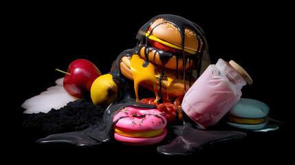 Naklejka premium Surreal still life of artificially perfect food melting into darkness, symbolizing modern dietary contradictions. 