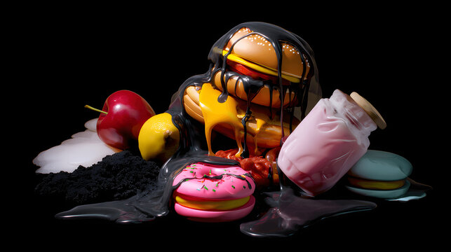Surreal still life of artificially perfect food melting into darkness, symbolizing modern dietary contradictions.
