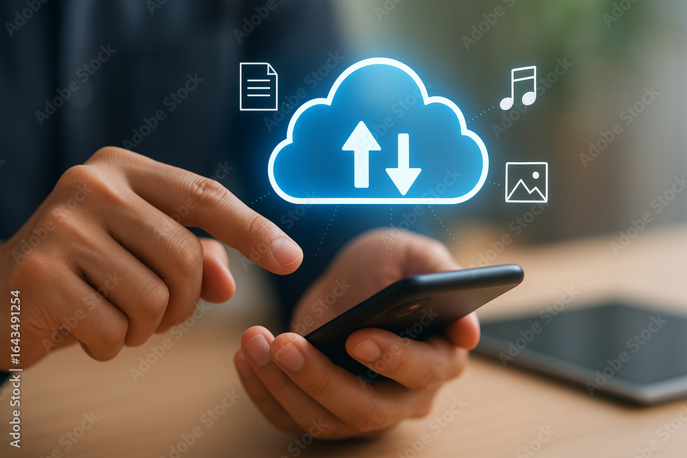 Poster close-up of hands using smartphone with glowing cloud upload download icon and multimedia symbols in