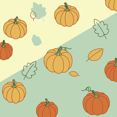 Cute pumpkin and leaf pattern in pastel colors. Simple, outlined pumpkins and leaves arranged on a light yellow and light teal background.