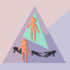 Obraz premium Skeleton figures in pastel background on layered triangles. Standing and laying figures in an abstract arrangement.
