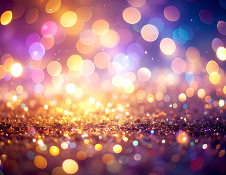 Festive bokeh lights on a glittery surface.