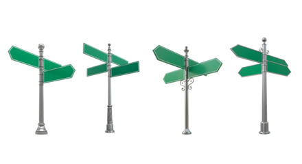 Collection of street sign posts with blank green boards for customization