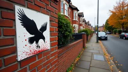 Street art stencil of a black crow with red splatters on a brick wall