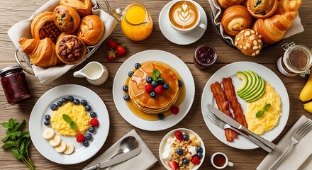 Lavish breakfast spread featuring pancakes eggs bacon pastries and fresh fruits assortment