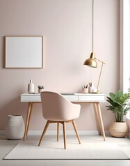 Minimalist Home Office Interior with Pink Chair, Gold Lamp, and Plant
