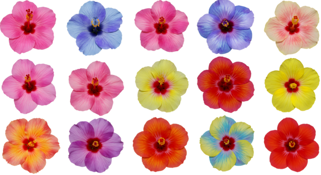 Colorful tropical hibiscus flowers collection Various hibiscus flowers in bright colors for tropical and floral designs