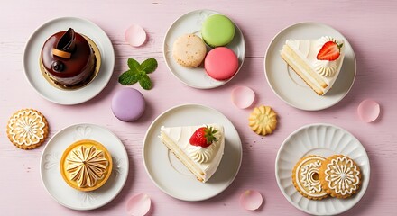 Pastel confectionery composition featuring macarons, cakes, cookies, and decorations on a soft
