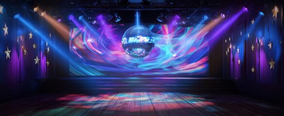 The sparkling disco ball illuminated by vibrant stage lights in a festive atmosphere.