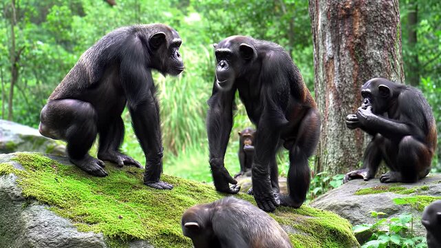 Chimpanzee Troop on Mossy Rocks Amidst Forest Lush Greenery Interaction and Grooming Behaviors in Natural Habitat Observation of Pan Troglodytes Social Life in a Verdant Natural Setting