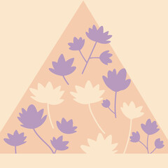 Pastel floral pattern on peach triangle background. Abstract design with lilac and cream flowers on a soft peach triangle.