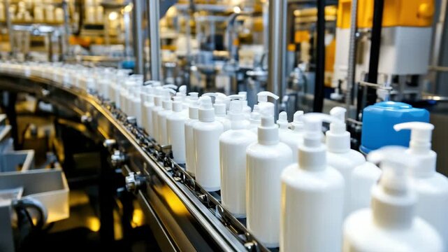 White plastic bottles with pump dispensers on conveyor belt in factory production line showcasing industrial manufacturing packaging process with bright lighting and modern metal machinery equipment
