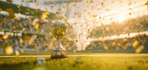 The shining trophy celebrates victory in a grand sports championship event.