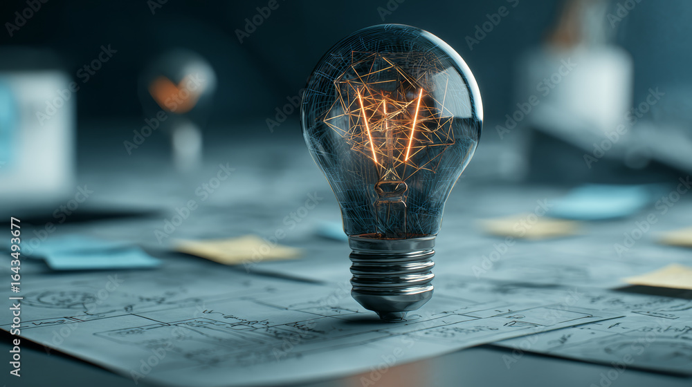 Poster light bulb with glowing filament on paper with sketches, symbolizing creative ideas and innovation i