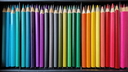 Obraz premium Colorful pencils in a black tray