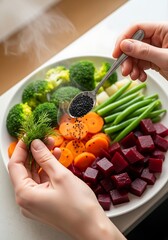Preparing a vibrant and nutritious vegetable dish with fresh ingredients and a sprinkle of black