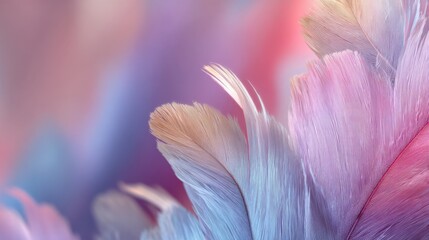 a striking and vibrant display of feathers with abstract patterns in varying shades of pink, blue, and white against a darker background