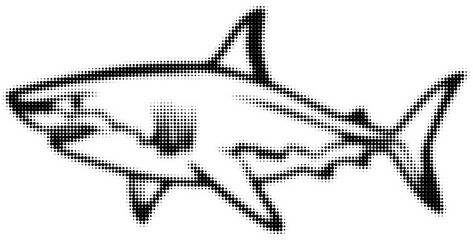 Black and white halftone illustration of a shark, digital dot art design