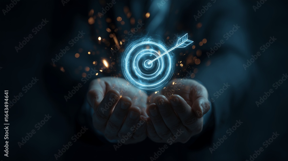 Poster man's hands presenting a digital glowing target with arrow for perfect aim strategy. concept for bus