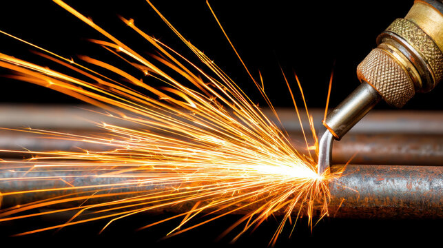 Worker using blowtorch creating sparks on metal pipe in workshop