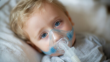 Sick child with blue eyes using oxygen mask lying on bed, showing vulnerability and need for medical care in close up portrait