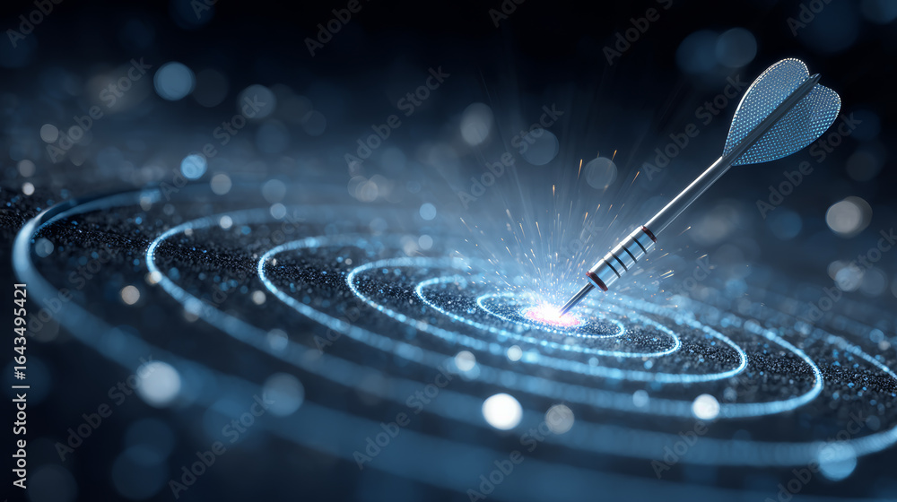 Poster dart hitting center of glowing target with sparkling light effects, symbolizing precision and succes