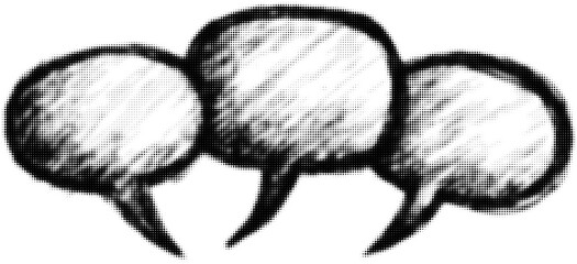 Black and white illustration of three speech bubbles with halftone texture