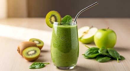 Refreshing green smoothie with kiwi apple and spinach providing natural boost and energy source