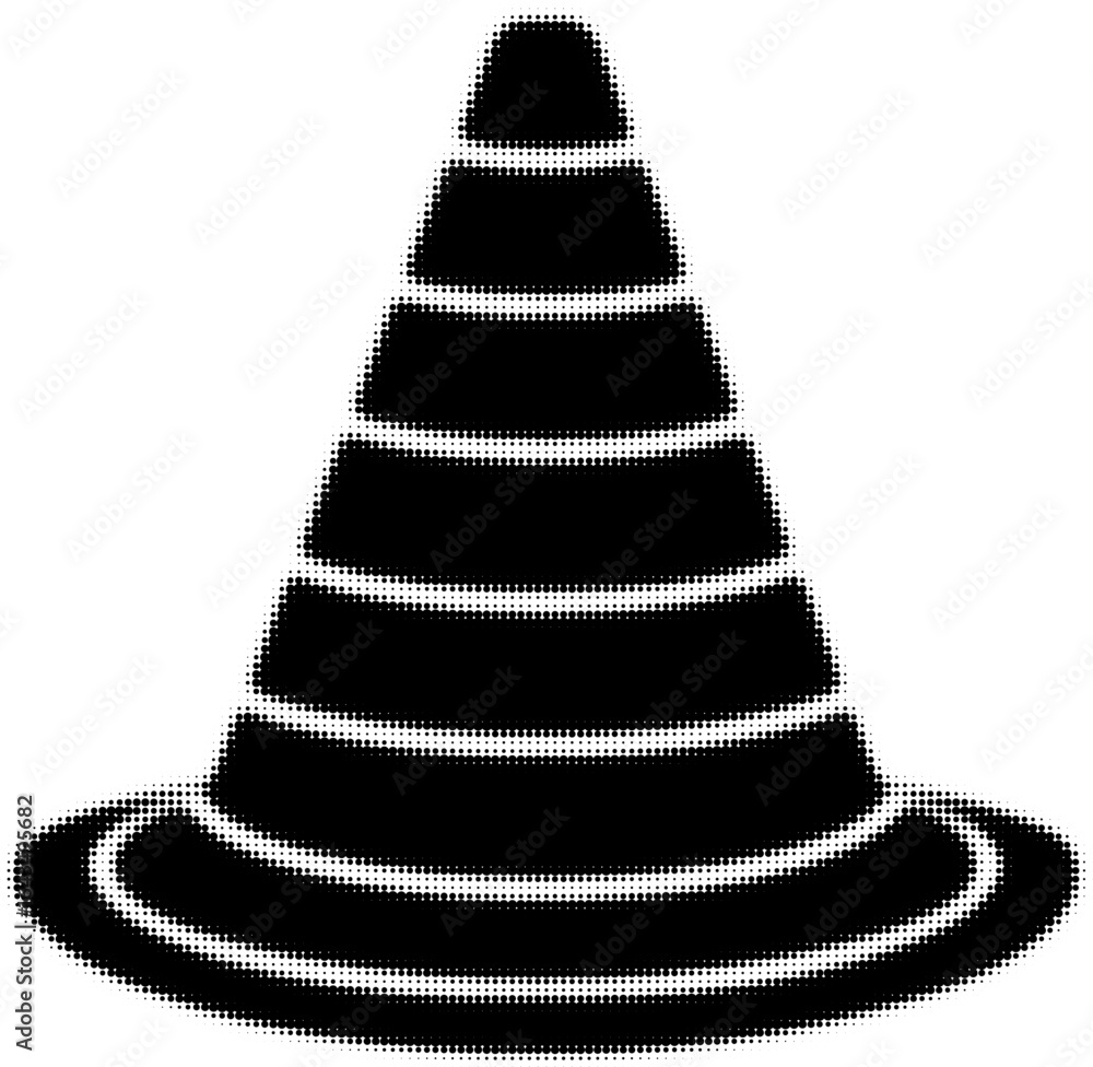 Poster traffic cone in black and white silhouette with circular base and gradient pattern