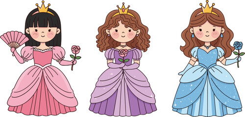 Cute princess girls in elegant dresses and crowns, holding roses and fan, fairytale vector illustration for children’s design, storybook, and decor