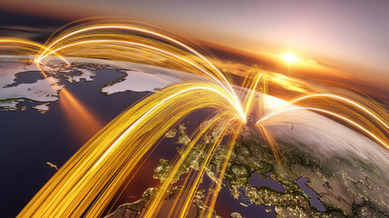 Golden streams of light connecting europe at sunset, symbolizing global communication