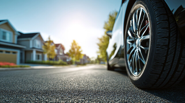 Car tire on asphalt road in suburban neighborhood with houses and trees under clear sky during sunset