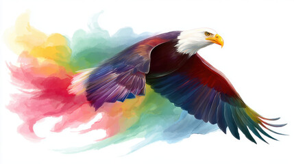 Obraz premium Majestic bald eagle soaring through colorful watercolor sky