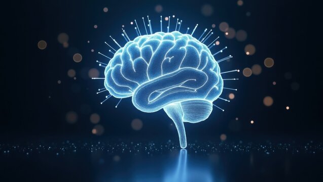 Cerebro humano futurista con capas de cadenas de c&oacute;digo transparentes