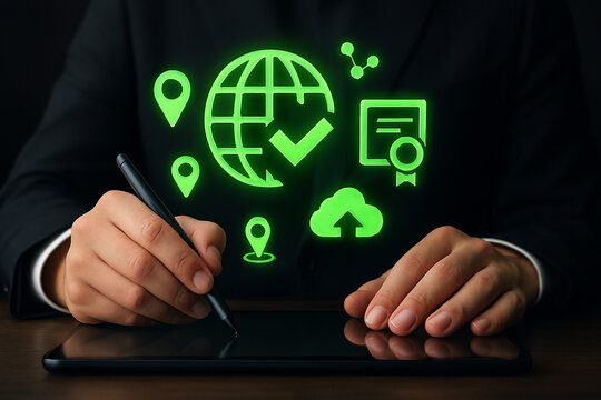 Corporate professional hands using stylus on tablet with globe checkmark, icons for global approval, connectivity, certificates, cloud data, international business