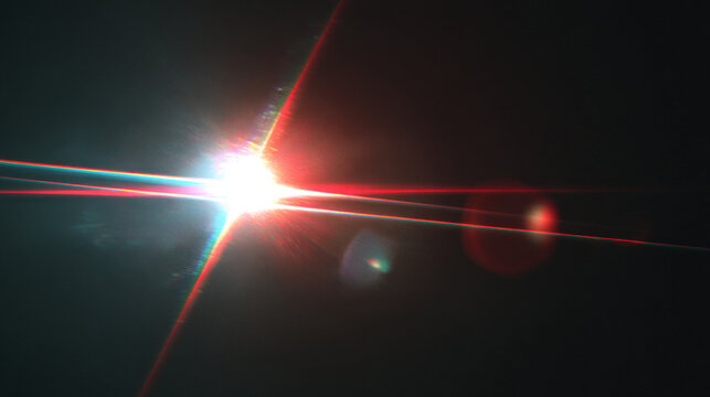 Background of Christmas red retro film overly, image with scratch, dust and light leaks. Xmas lens flare holographic effect background.Glowing glotter bokeh winter holidys aesthetic