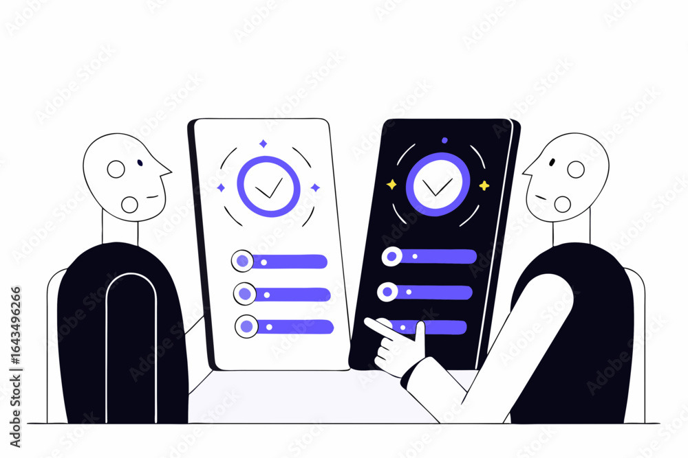 Poster two stylized figures collaborate on digital interfaces showcasing progress indicators and interactiv