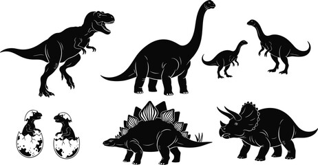 Dinosaur silhouettes vector set, prehistoric reptiles illustration, T-Rex, Brachiosaurus, Stegosaurus, Triceratops, dinosaur eggs, Jurassic creatures black icons collection © MDABDULLAHAL