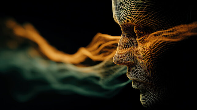 Artificial intelligence face breathing data stream on black background