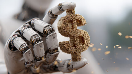 Robotic hand holding golden dollar sign symbolizing fintech and ai in finance