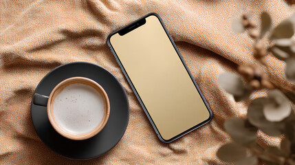 a phone mockup with editable screen next to coffee cup